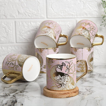 Ceramic Pink Peacock Pattern Coffee & Tea Cup Set of 6, 180 ML, Femora
