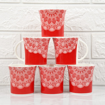 Red Lavish Mandala Design Coffee & Tea Cup Set of 6, 160 ML, Femora