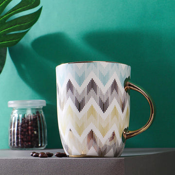 India Pastel Chevron Fine Bone China Coffee Mugs, Tea Mugs, Ceramic Tea Cups (360 ml, Golden)