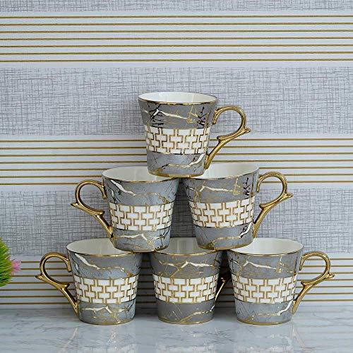 Premium Ceramic Grey Gold Coffee & Tea Cup Set of 6, 155 ML, Femora