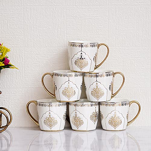 Premium Ceramic White Gold Coffee & Tea Cup Set of 6, 160 ML, Femora