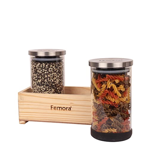 Borosilicate Glass Jar 900 ML , 2 pcs with Wooden Tray