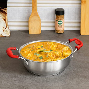 Kadhai with Silicone Handle, Bonded Tri-Ply Bottom, 22 cm,Silver,