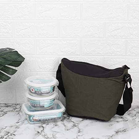 Borosilicate Glass Lunch Box Green Canvas Bag Femora, 380 ML, 620 ML, 3 Pcs