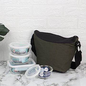 Borosilicate Glass Lunch Box Green Black Canvas Bag Femora, 240 ML, 380 ML, 620 ML, 4 Pcs