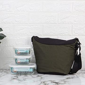 Borosilicate Glass Lunch Box Green Black Canvas Bag Femora, 300 ML, 620 ML, 3 Pcs