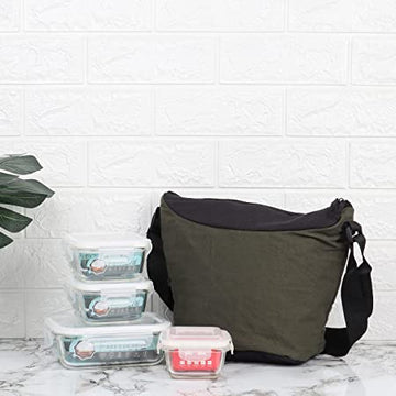 Borosilicate Glass Lunch Box Green Black Canvas Bag Femora, 180 ML, 300 ML, 620 ML, 4 Pcs