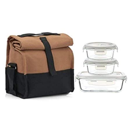 Borosilicate Glass Lunch Box Camel Black Canvas Bag Femora, 380 ML, 620 ML, 3 Pcs