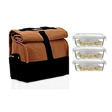 Borosilicate Glass Lunch Box Camel Black Canvas Bag Femora, 400 ML, 3 Pcs