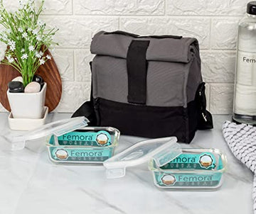 Borosilicate Glass Lunch Box Grey Black Canvas Bag Femora, 620 ML & 400 ML, 2 Pcs