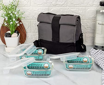 Borosilicate Glass Lunch Box Grey Black Canvas Bag Femora, 400 ML, 3 Pcs