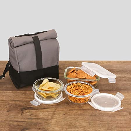 Borosilicate Glass Lunch Box Grey Black Canvas Bag Femora, 380 ML, 620 ML, 3 Pcs