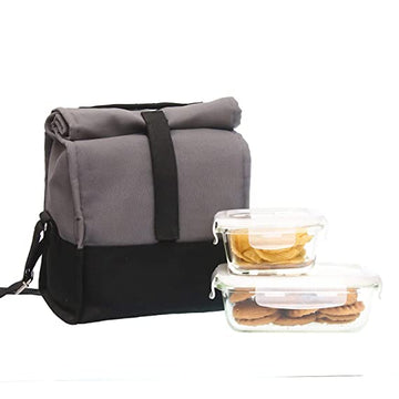 Borosilicate Glass Lunch Box Grey Black Canvas Bag Femora, 620 ML & 300 ML, 2 Pcs