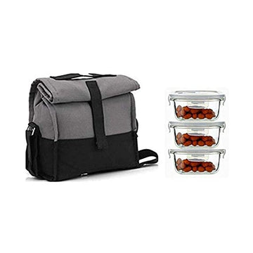 Borosilicate Glass Lunch Box Grey Black Canvas Bag Femora, 300 ML, 3 Pcs
