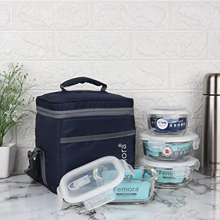 Borosilicate Glass Lunch Box Blue Canvas Bag Femora, 240 ML, 380 ML, 500 ML, 4 Pcs