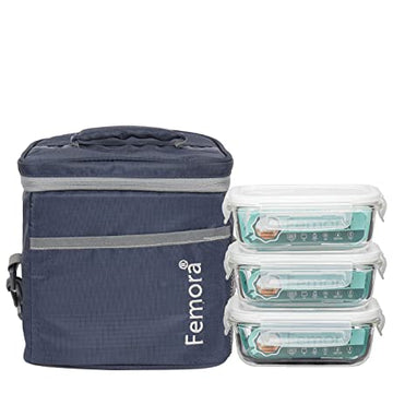 Borosilicate Glass Lunch Box Blue Canvas Bag Femora, 400 ML, 3 Pcs
