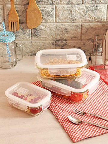 Borosilicate Glass Container with Air Vent Lid 400 ML, 620 ML, 1000 ML, 3 Pcs, Femora