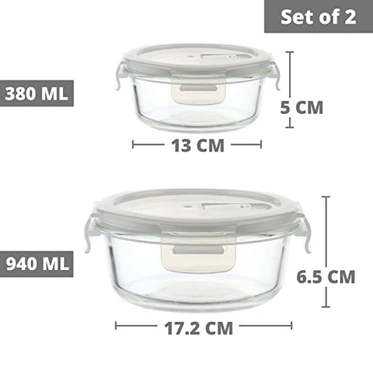 Borosilicate Glass Round Container with Air Vent Lid 940 ML, 380 ML, Set of 2