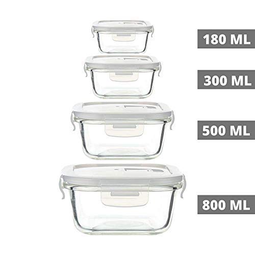 Borosilicate Square Glass Food Storage Containers - (180ml, 300ml, 500ml, 800ml), Set of 4