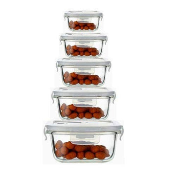 Borosilicate Glass Square Container with Air Vent Lid, 5 Pcs, Femora