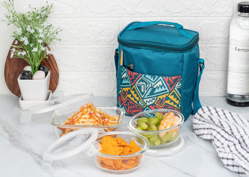 Borosilicate Glass Lunch Box Blue Canvas Bag Femora, 380 ML, 620 ML, 3 Pcs
