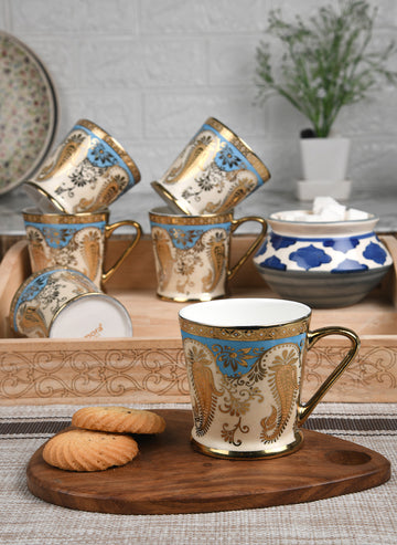 Premium Ceramic Golden leaf Coffee & Tea Cup Set of 6, 180 ML, Femora