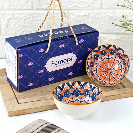 Femora Porcelain Bowl Set of 2 - Elegant Floral Medallion Pattern, Microwave & Dishwasher Safe, Lead-Free | Versatile Dinner & Serving Bowls, Ideal for Gifting
