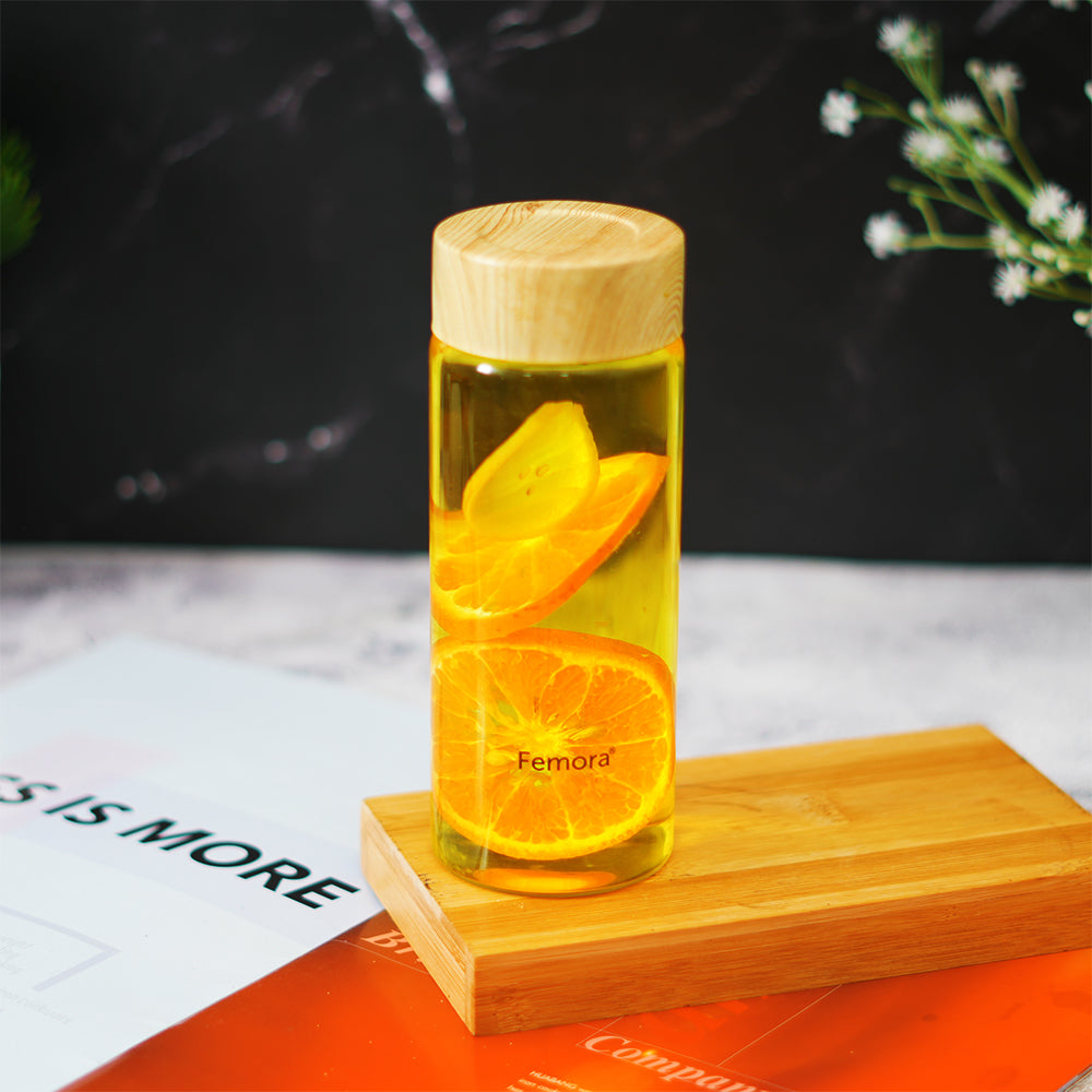 Borosilicate Glass Water Bottle With Wooden Lid, 500 ML, 1 Pcs, Femora