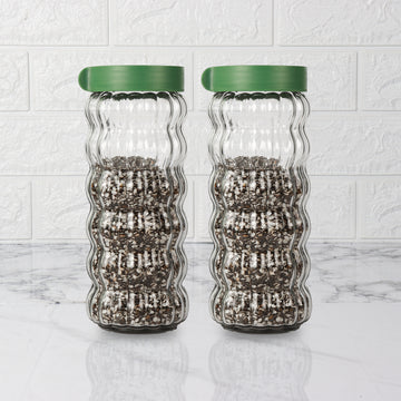 Femora Clear Body Jar with Green Lid - 1000 ML, Set Of 2, Free Replacement of Lids