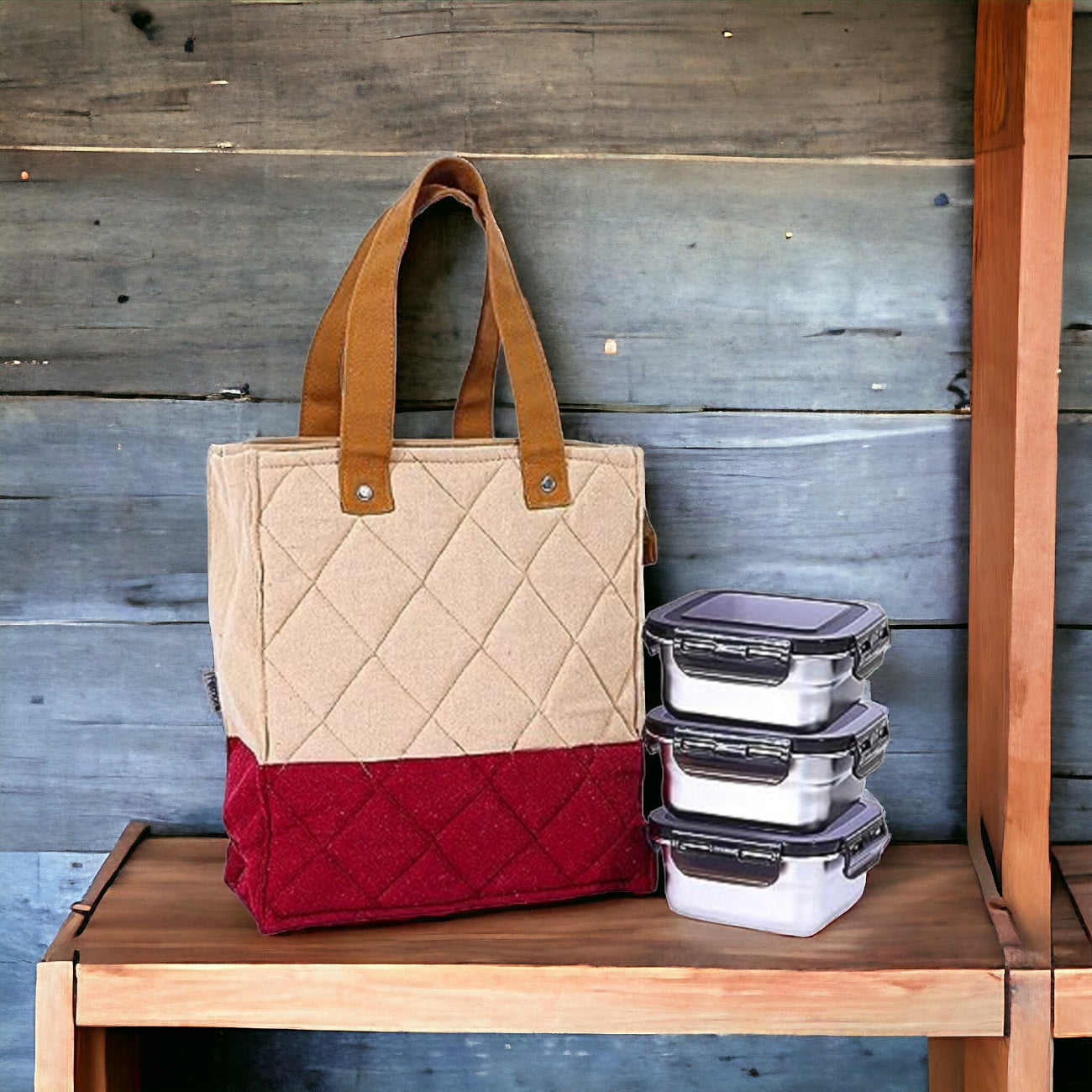 Stainless Steel Lunch Box Maroon Canvas Bag Femora, 350 ml, 3 Pcs