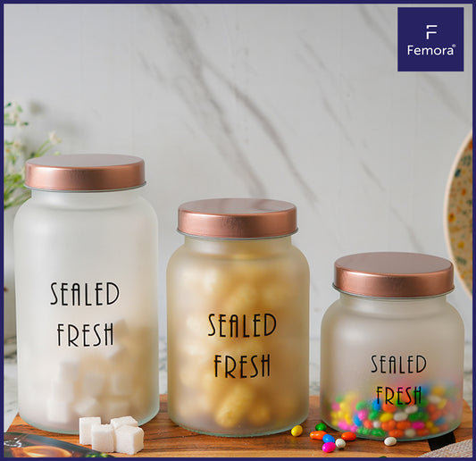 Kitchen Storage Jars Frosted Jar With Golden Steel Lid Air Tight Jar Femora