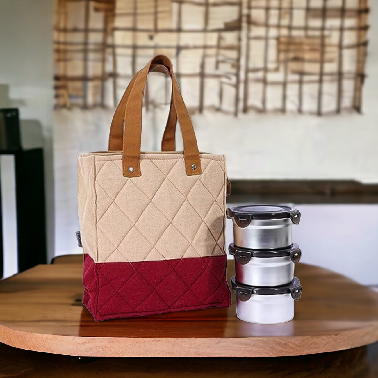 Stainless Steel Lunch Box Maroon Canvas Bag Femora, 350 ml, 3 Pcs