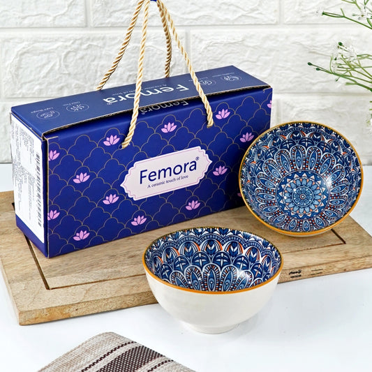 Femora Porcelain Bowl Set of 2 - Exquisite Mandala Core Pattern, Microwave & Dishwasher Safe, Lead-Free | Versatile Dinner & Serving Bowls, Ideal for Gifting