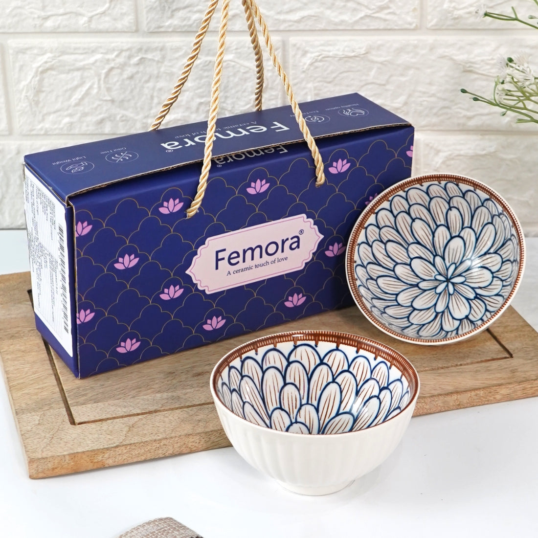Femora Porcelain Bowl Set of 2 - Vibrant Blooming Flower Pattern, Microwave & Dishwasher Safe, Lead-Free | Versatile Dinner & Serving Bowls, Ideal for Gifting
