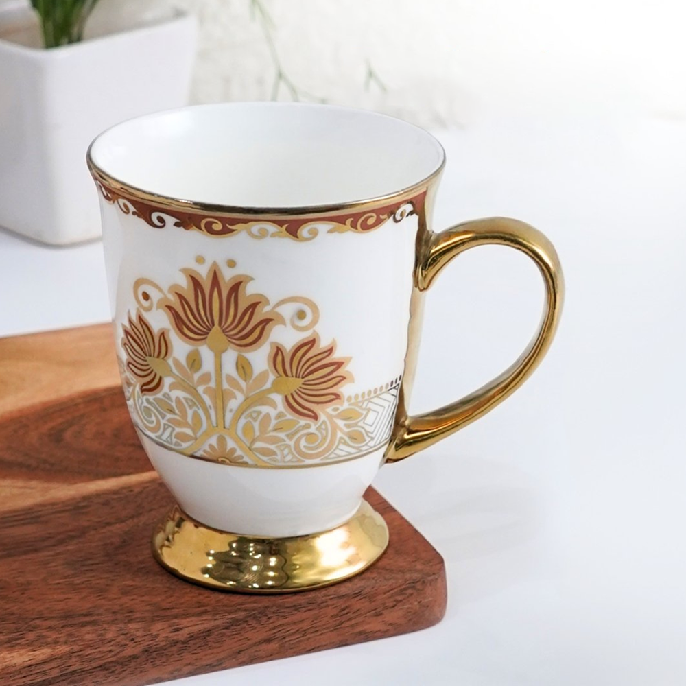 Royal Lotus Ceramic Mug with Gold Handle and Pedestal Base - White and Gold - 300ml - Femora India