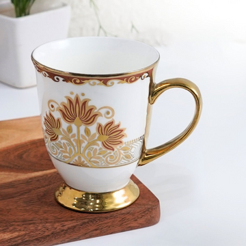 Royal Lotus Ceramic Mug with Gold Handle and Pedestal Base - White and Gold - 300ml - Femora India