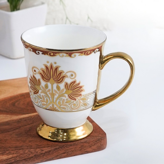 Royal Lotus Ceramic Mug with Gold Handle and Pedestal Base - White and Gold - 300ml - Femora India