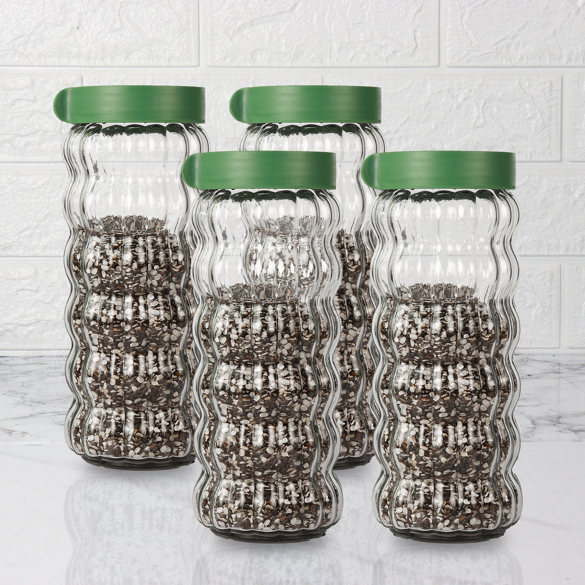 Femora Clear Body Jar with Green Lid - 1000 ML, Set Of 4, Free Replacement of Lids
