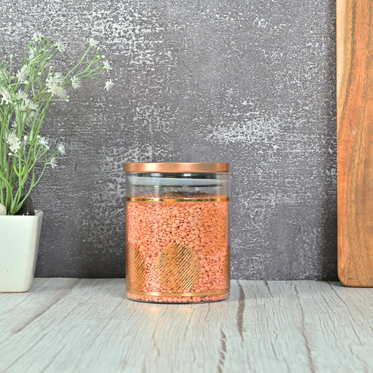 Borosilicate Glass Round Gold Print Kitchen Storage Jar, Airtight Steel Lid, Femora