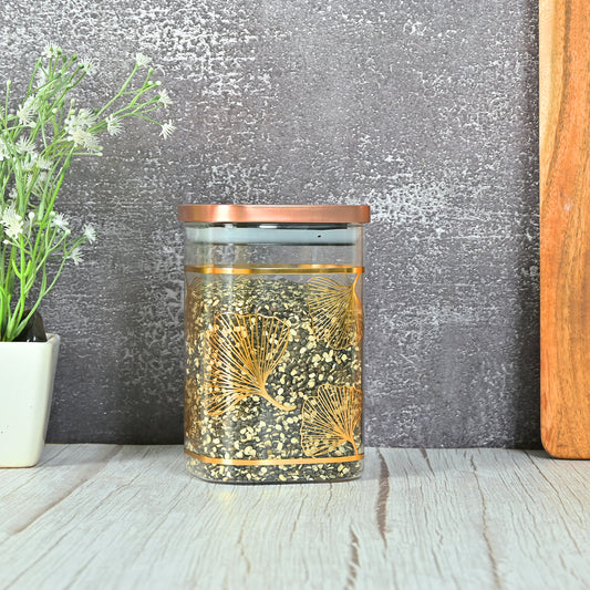 Borosilicate Glass Square Gold Print Kitchen Storage Jar, Airtight Steel Lid, Femora