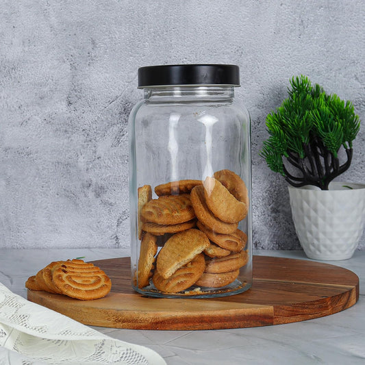 Clear Glass Jar for Kitchen Storage Black Lid, 1500 ml, Set Of 2 Free Replacement of Lids