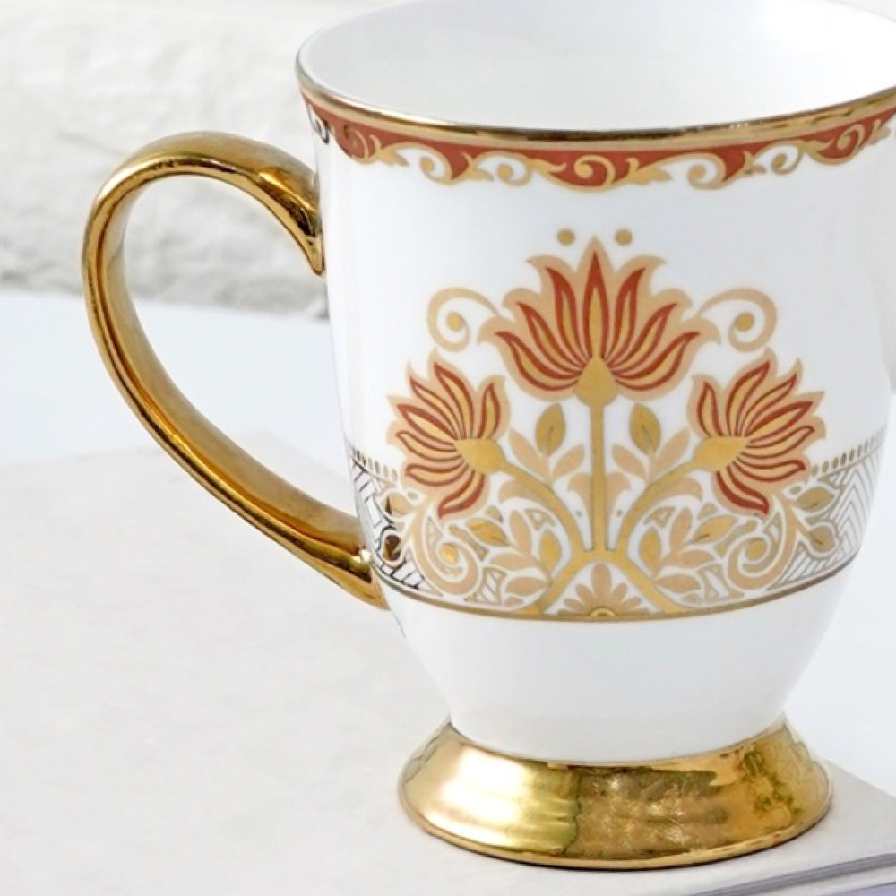 Royal Lotus Ceramic Mug Side View - Gold Rim and Gold Handle Detail - BPA Free