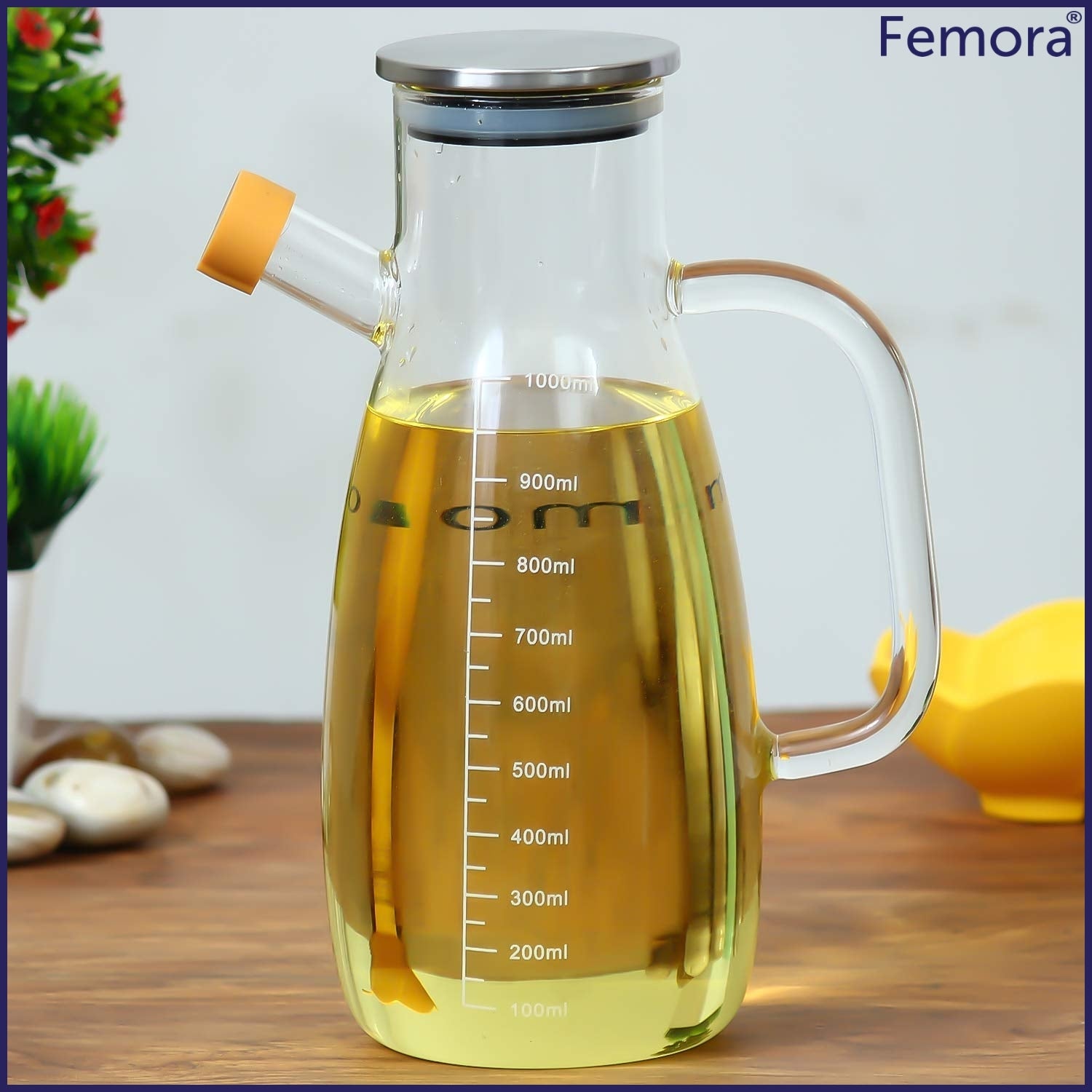 Borosilicate Glass Oil Bottle with Handle & Lid, 1000 ML