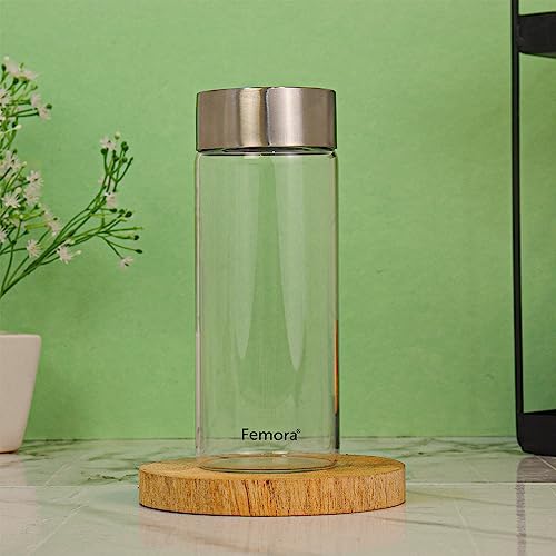 Borosilicate Glass Water Bottle With Stainless Steel Lid, 500 ML, 4 Pcs, Femora