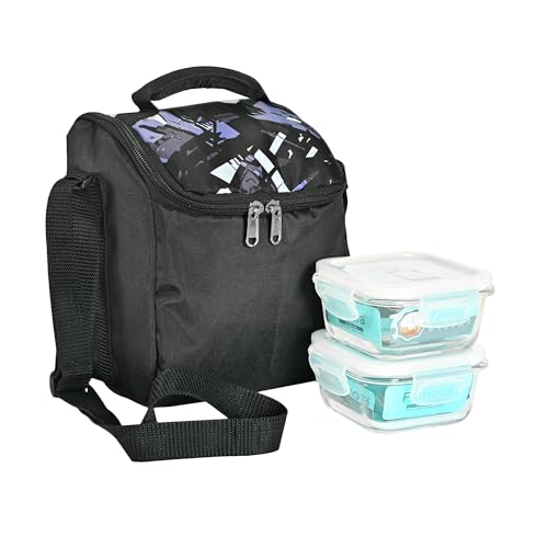 Borosilicate Glass Square Lunch Box with Black Bag, 300 ML, 2 Pcs Femora