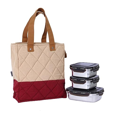 Stainless Steel Container Multipurpose Lunch Box Set for Office, Maroon, Square-350 ml (2 Container), Rectangle-550 ml (1 Pcs).