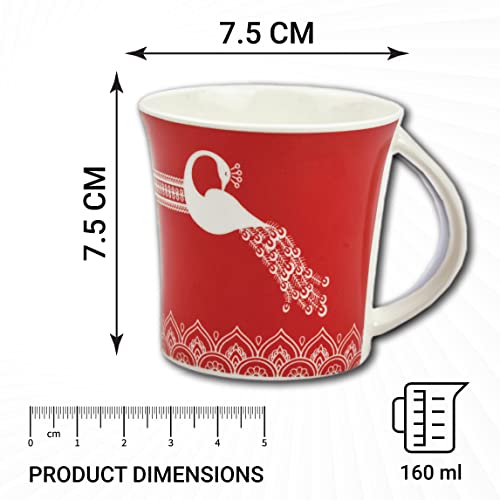 Red Royal Peacock Design Coffee & Tea Cup Set of 6, 160 ML, Femora