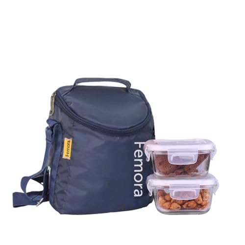 Borosilicate Glass Lunch Box Blue Canvas Bag Femora, 300 ML 2 Pcs