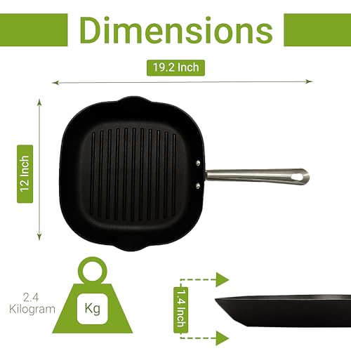 Cast Iron Grill Pan Induction Base with Long Handle 48 cm Square,1 Pcs, Femora