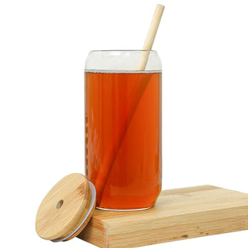 Borosilicate Glass Coffee Can with Wooden Lid and Wooden Straw, (500ML-2-Pcs)